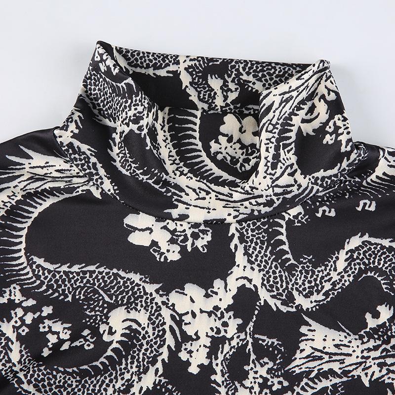 Trend w modzie damski stylowy nadruk ze smokiem krótkie bluzki z długim rękawem wysoki kołnierz wąski T-shirt obcisłe koszulki na wiosnę jesień