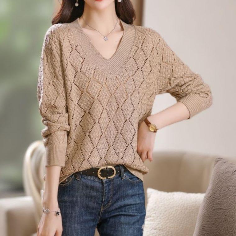 Women's V-neck Plus Size Sweater  Loose Hollow Out  Solid Color Loose Knit Pullover Sweater  Autumn Spring Summer