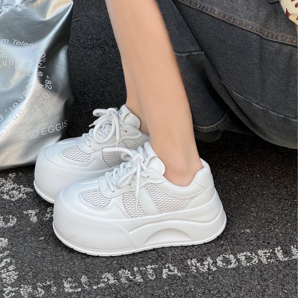 New Thick-soled Lightweight Breathable Single-mesh Shoes Women's Board Shoes Round Head Leather Comfortable 258