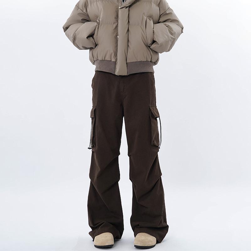 

2024 Unisex American Retro Street Style Brown Pleated Overalls with Multi-Pocket Loose Fit Pants XXL чорний