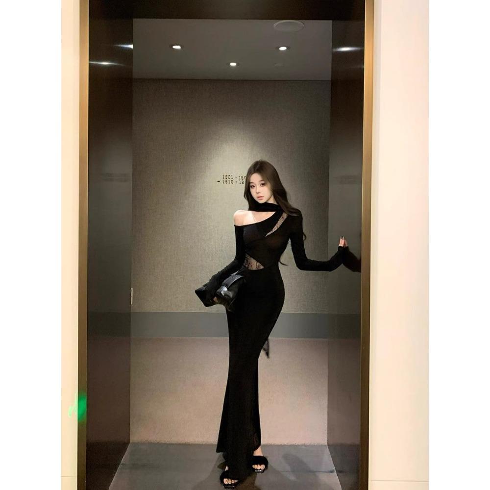 Elegant Socialite Lace Off-shoulder Women's New Slim-fitting Fishtail Waist-covering Hip Long-sleeved Dress