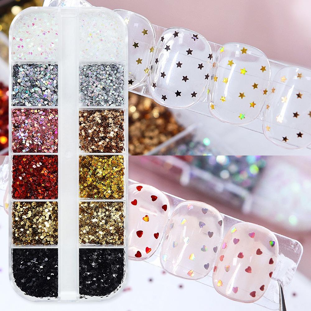12-Grid Sequins Nail Decorations Heart Five-pointed Star Nail Art Decorations Nail Salon
