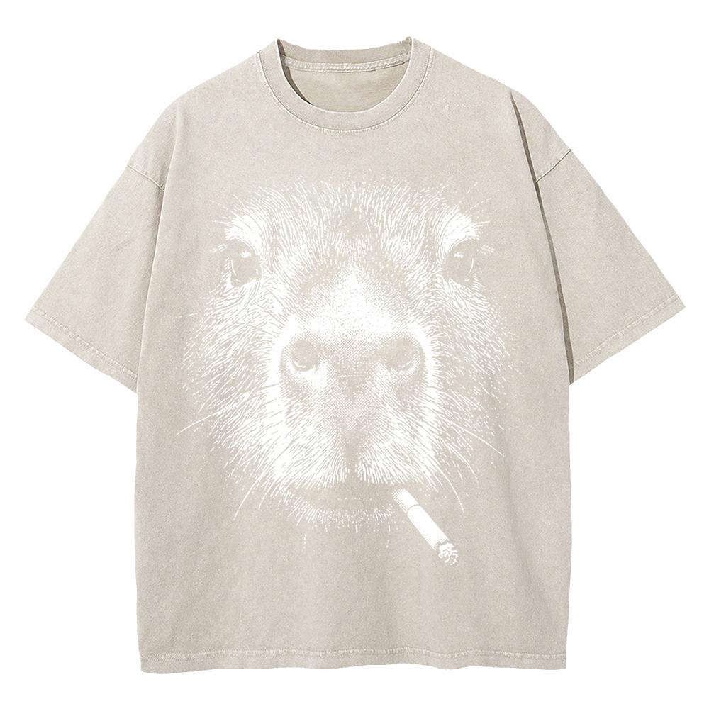 Cotton Vintage Washed YK Funny Smoking Capybara T Shirt Fashion Men Retro Cool Meme Oversize Loose Acid Wash Tees Shirts