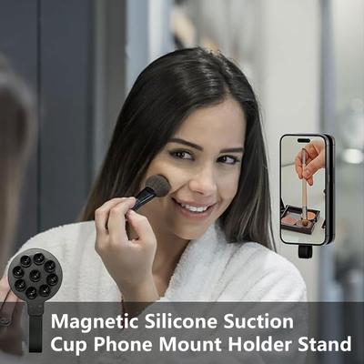 Magnetic Suction Cup Phone Mount with Hand Strap Silicone Suction Phone Case Stand Mirror Shower Phone Holder for iPhone 15 Pro