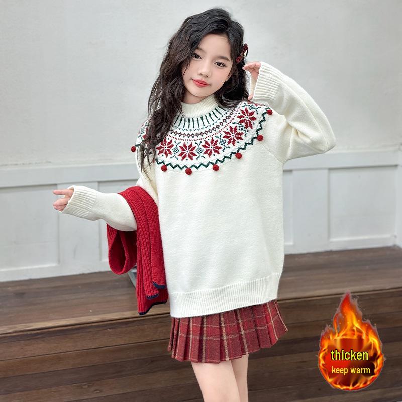 Girls' Retro Jacquard Knit Sweater - Round Neck, Long Sleeves, Autumn/Winter 2025 Collection