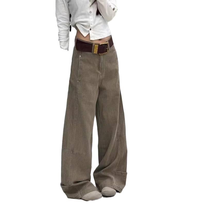 Women's Winter Fashion: American Style Coffee Wide Leg Jeans - Plus Size Pear Shaped Slimming Straight Pants