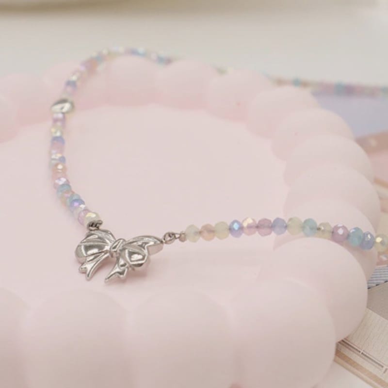 VINTAGEPINK Illusion Silver Ribbon Pastel Bead Necklace