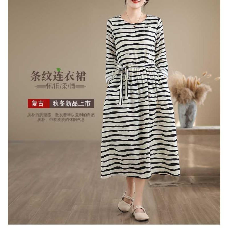 Striped Printed Round Neck Long Sleeve Tie Dress