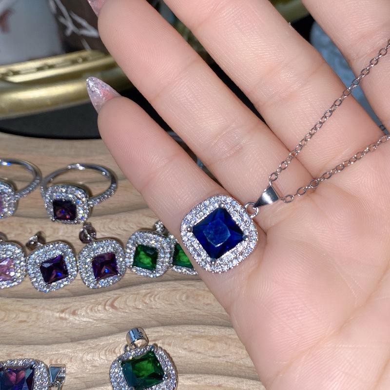 Purple & Pink Gemstone Jewelry Set: Grape Stud Earrings and Asscher Cut Adjustable Ring