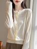 Women's Wool Beaded Round Neck Knit Cardigan Sweater - Fashionable Hollow Out Design