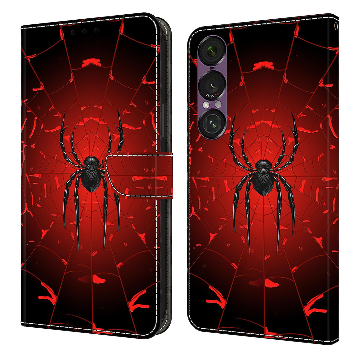 

For Sony Xperia 1 VII Wallet Case Pattern Printing PU Leather Flip Stand Phone Cover Black Spider
