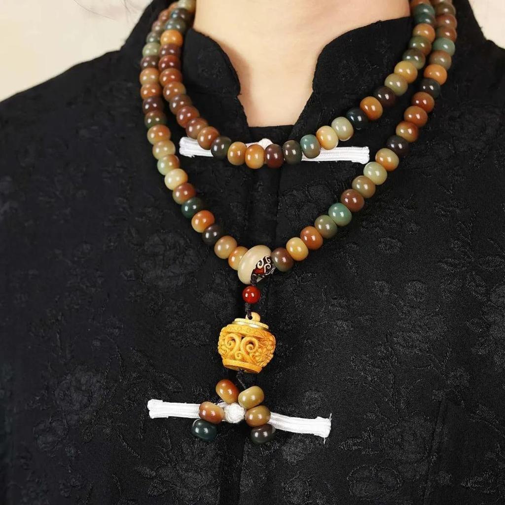 Large Charcoal Dunhuang Ask Heaven 108-Bead Bodhi Root Men's Bracelet for Cultural Play and Prayer.
