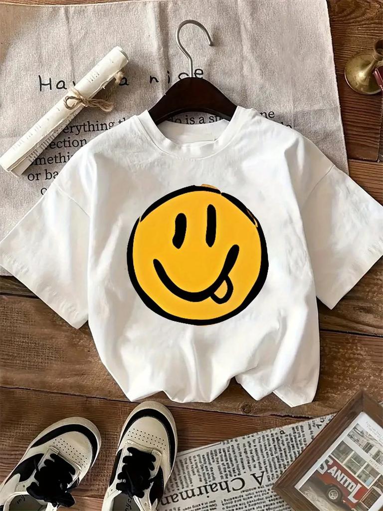 Yellow smiley face print shortsleeved Tshirt casual and versatile style suitable for Womens summer daily wear and going out