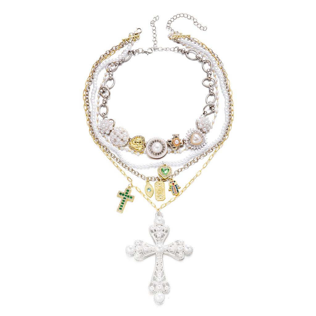 Style Layered Cross Pendant Necklace With Rhinestone Embellishments For Women