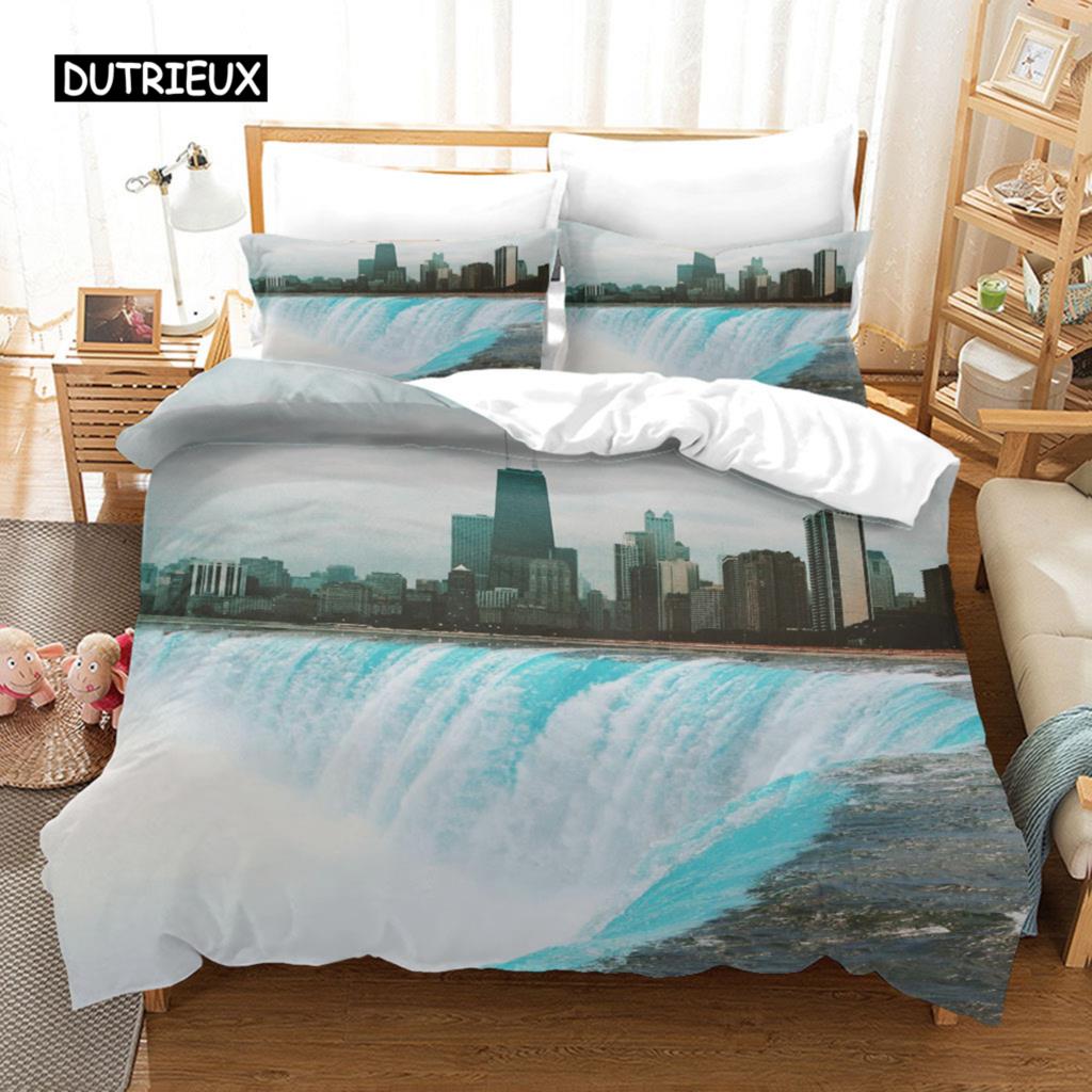 Natural Landscape King Queen Duvet Cover Comic Ink Painting Style Bedding Set Adults Tree Mountain River Polyester Quilt Cover