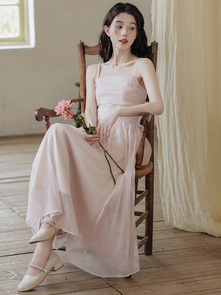Women's Pink Fairy Mori-Style Sleeveless Long Camisole Dress for Summer Beach Vacation