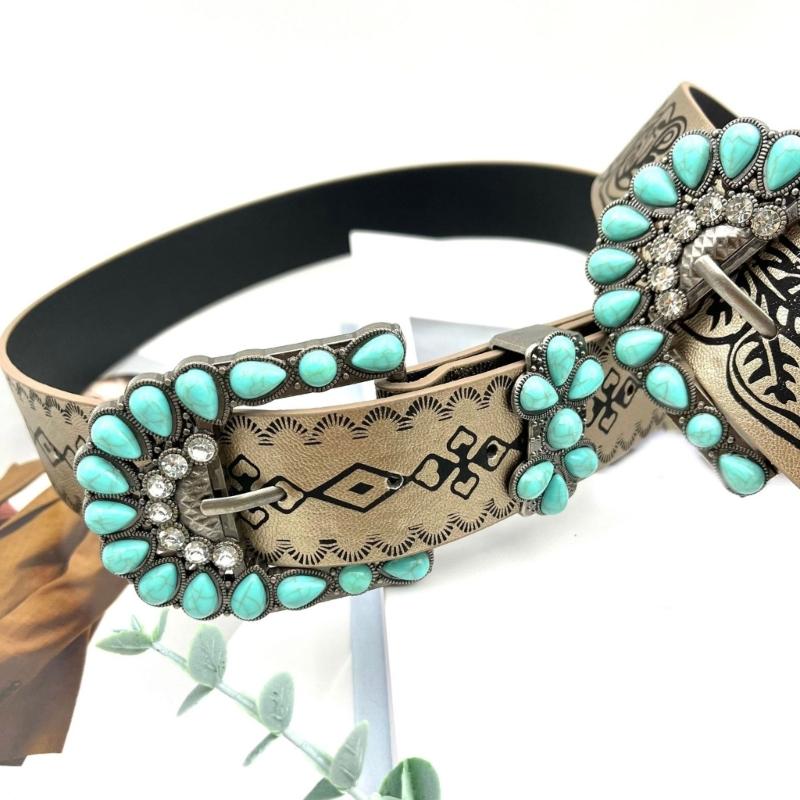 Elegant Western PU Belt Embossed Pattern Waistband Jeans Waiststrap Waist Decors Women Turquoises Buckle Waist Belt