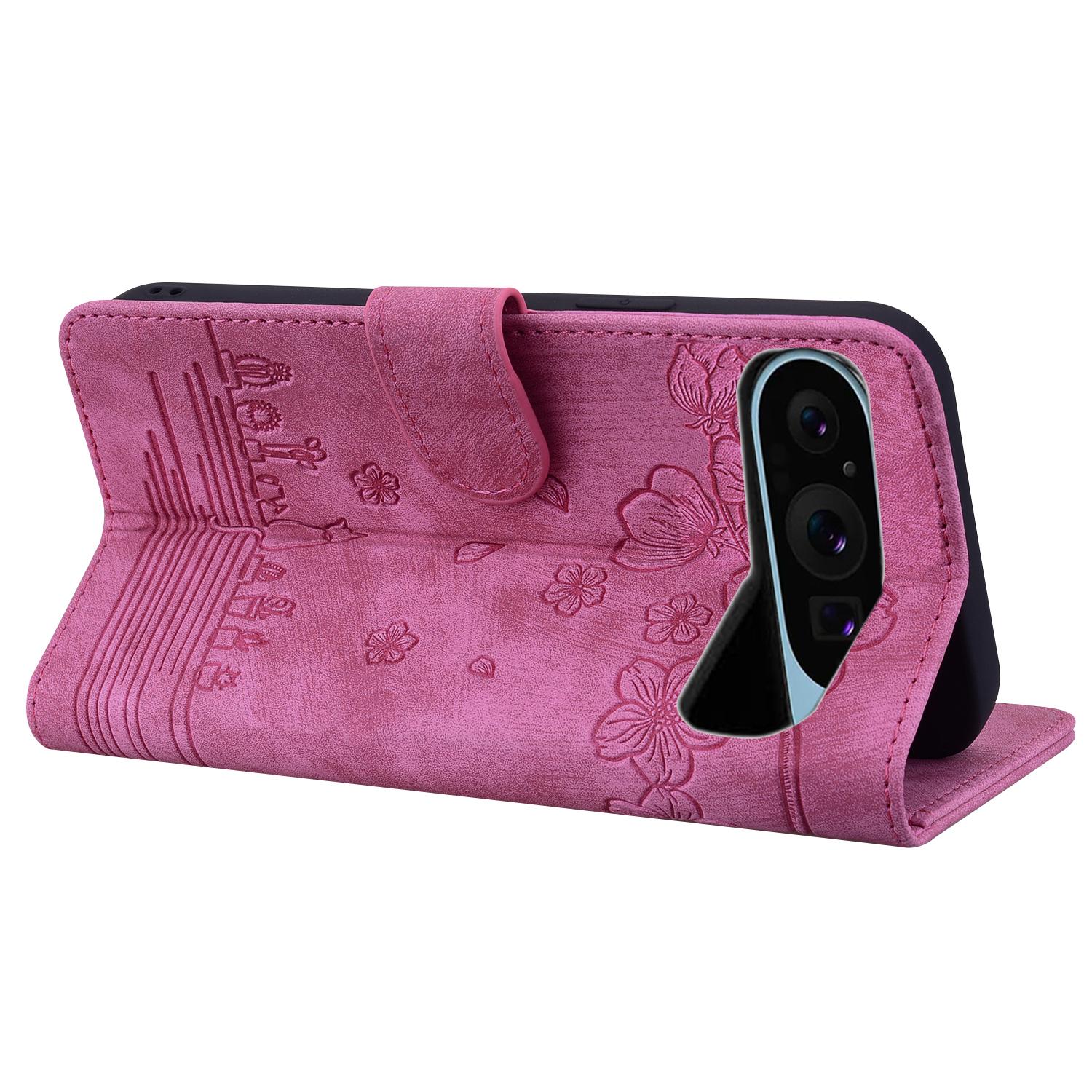 

For Google Pixel 10 Pro/Pixel 10/Pixel 9 Pro/Pixel 9 Case Flip Stand Leather Phone Cover Cherry Blossom Cat Imprinted Rose