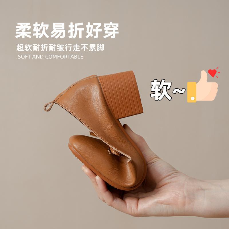 Leather V-mouth single shoes women's thick heel square head soft leather soft sole not tired foot bow retro commuter shallow mouth Mary Jane