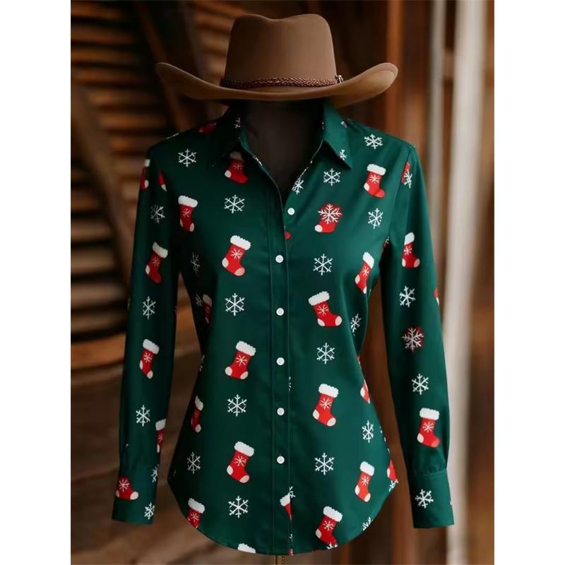 Weihnachtsparty Bluse Damen Weihnachtsmann 3D Druck Langarmshirts Lässige Bluse Knöpfe Herbst Oberteile Für Damen