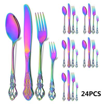 Vintage Royal Multicolor 24Pcs Dinnerware Stainless Steel Set Spoons Fork Knife Ice Cream Spoon Silverware Wedding Tableware Gift