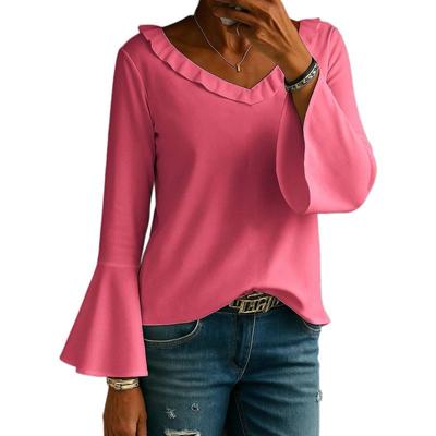 Damen Lässiges Locker geschnittenes V-Ausschnitt Glockenärmel Langarm T-Shirt