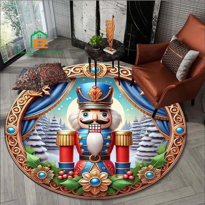 Crown Nutcracker Soldier Round Rug Blue Background Snowflake Pine Tree Non Slip Christmas Mat