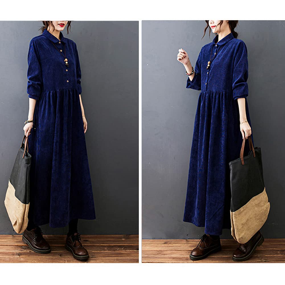 Corduroy Shirt Loose Long Maxi Plus Solid with Pockets [YYQ-SHOP] Women's Dress, Fit, Sleeves, Length, Spring, Autumn, Winter, Sizes, A-Line,