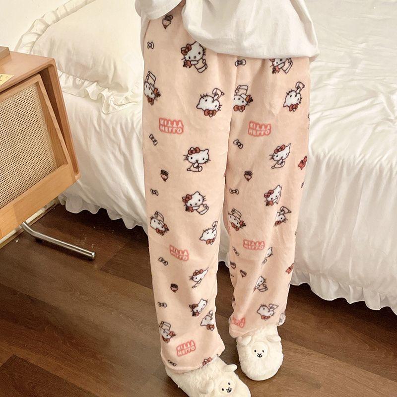 Women's Winter KT Cat Cartoon Flannel Sleep Pants - Thick, Warm, and Cozy for Home