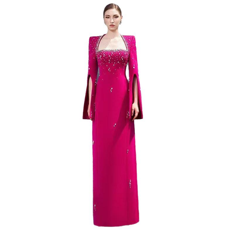 Evening Gown with Heavy Beading and Slit Sleeves - 2025 European & American Celebrity Fashion, Square Neck, Long Dress