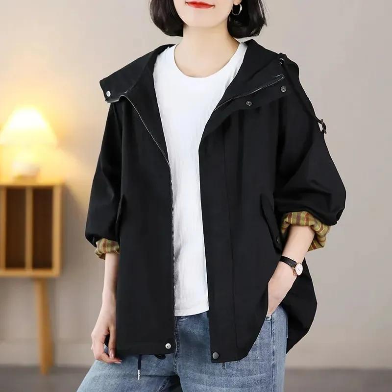 

Women s Spring and Autumn Long Sleeved Casual Coat Literary Korean Edition Loose Hooded Windbreaker 3XL чорний