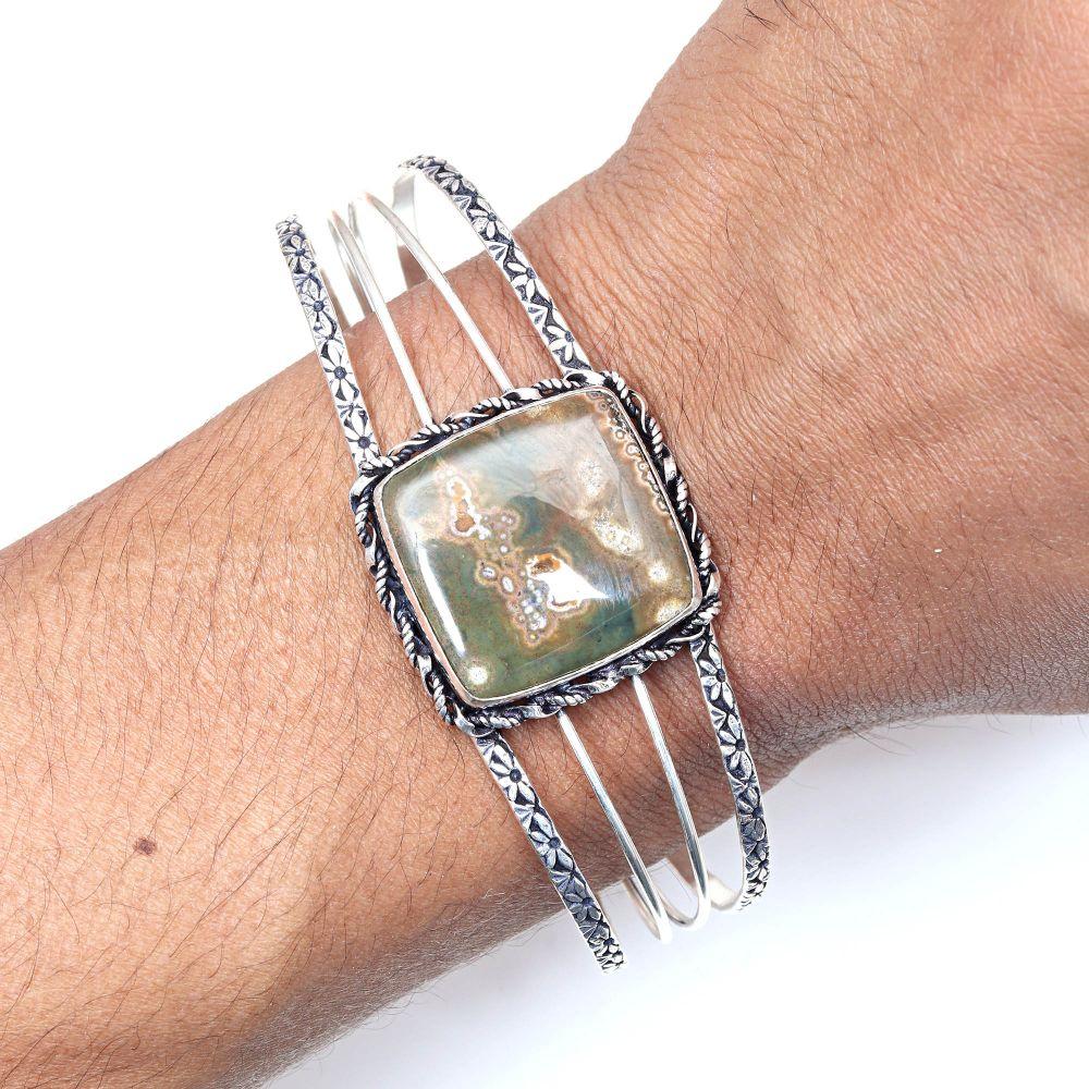 Ocean Jasper Gemstone Antique Silver Jewelry Cuff Bracelets 7''Adjustable