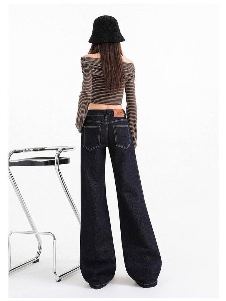 Women's Retro Low-Waist Deep Gray Blue Bell Bottom Jeans - Autumn/Winter Casual Slimming Narrow Leg Design
