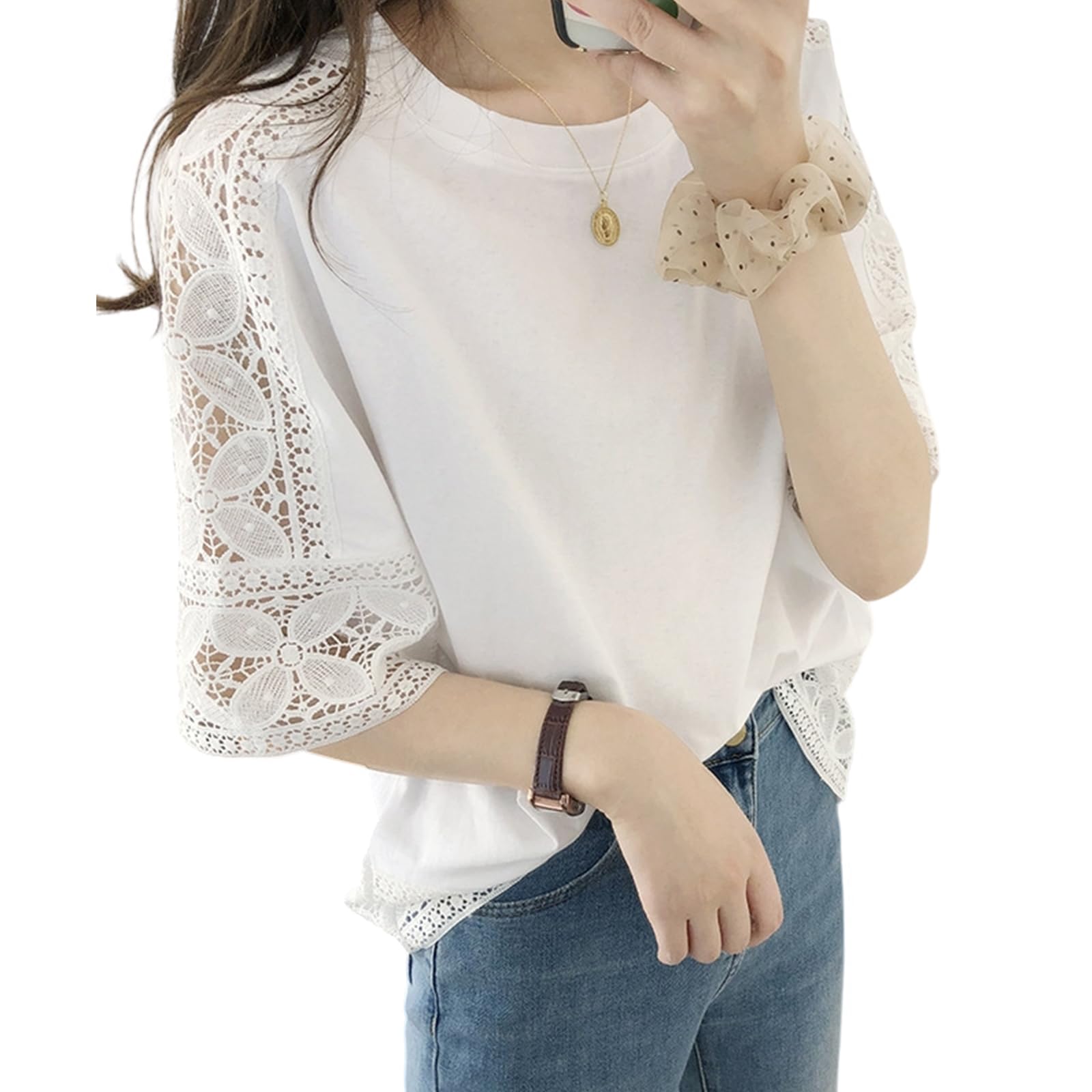 

Короткий Круглый Привлекательный Ажурный Нежный к [R6seven] Женские Топы, Рубашки, Рукава, Вырез, Украшение, Легкий, Эластичный, Дышащий, Кожа,