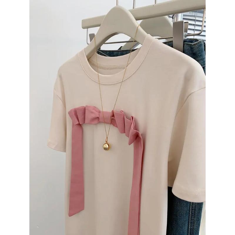 Women's Summer Round Neck Short Sleeve T-shirt Sweet Bow Decorated Casual Top
