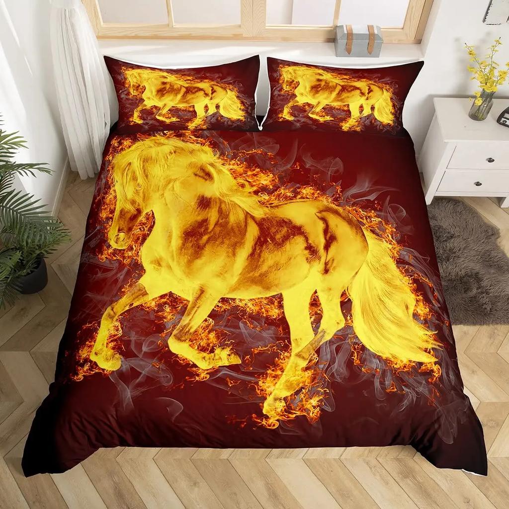 Ice And Fire Riding Horse Duvet Cover Set King SizeFlame Horsing Bedding SetWestern Cowboy Exotic Farmhouse Comforter Cover