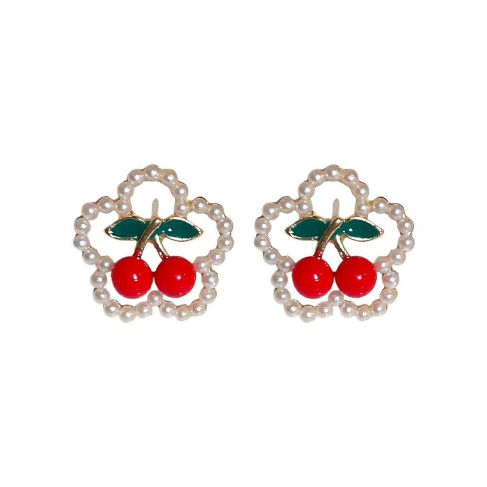 

Drop Oil Red Cherry Stud Earrings Sweet Fruit Ear Stud Pearl Stud Earrings Girls