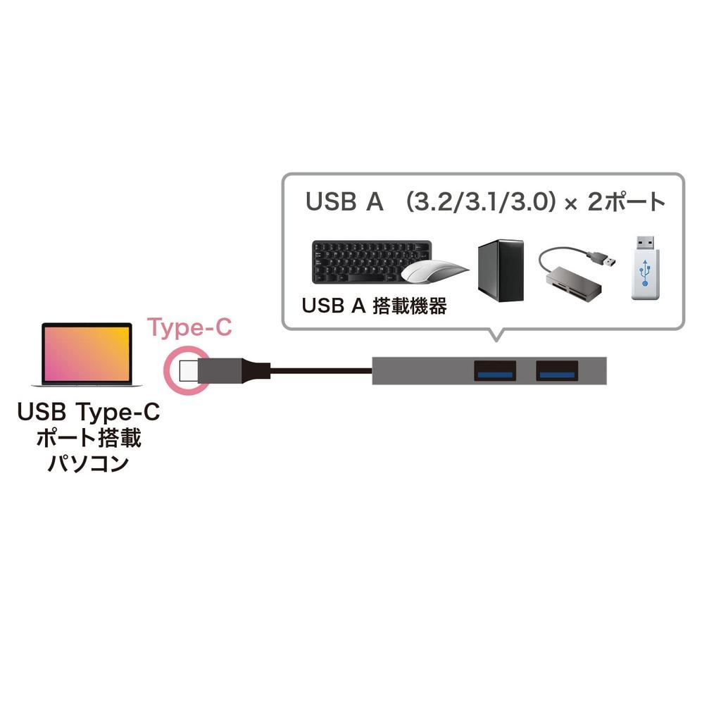 Sanwa Supply USB Slim Hub Silver Type-C 2-Port USB-3TCH24SN