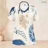 Women Plus Size Nurse Scrub Top V Neck Short Sleeve Abstract Printed Blue Beige With Front Pockets