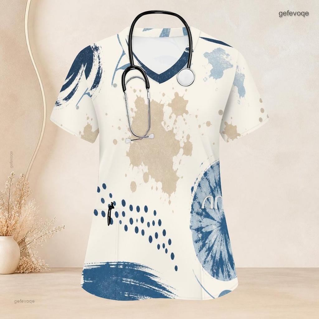 Women Plus Size Nurse Scrub Top V Neck Short Sleeve Abstract Printed Blue Beige With Front Pockets