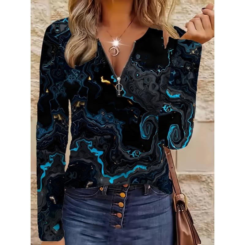 Women's spring and autumn fashionable long-sleeved zipper T-shirt - 3D full body digital printing design party wear