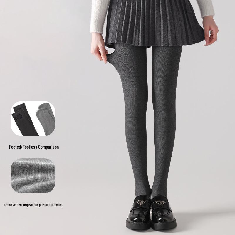 Women's Gray Velvet Leggings with Vertical Stripes – Slimming, Micro-Pressure, Stirrup Style for Autumn/Winter.
