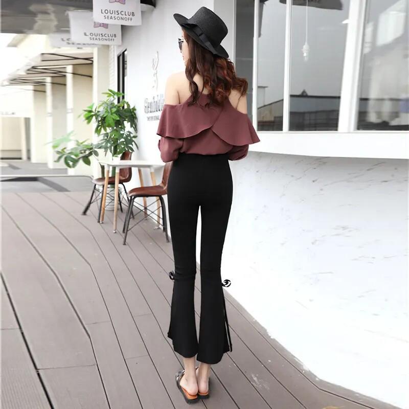 Hong Kong Retro Chic High Waist Side Slit Micro Flare Women s Petite Pants 3XL for 136-150 jin