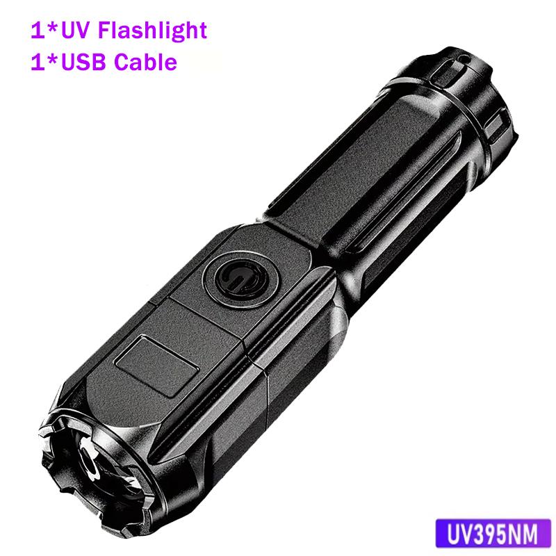 Rechargeable UV Flashlight UV395NM Zoomable Torch 3 Modes Camping Ultraviolet Flashlights For Pet Stacks Fluorescent Detection