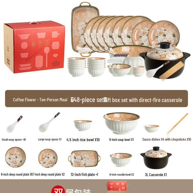 Camellia Ceramic Dinnerware Set 10-Person 48-Piece Set with Casserole