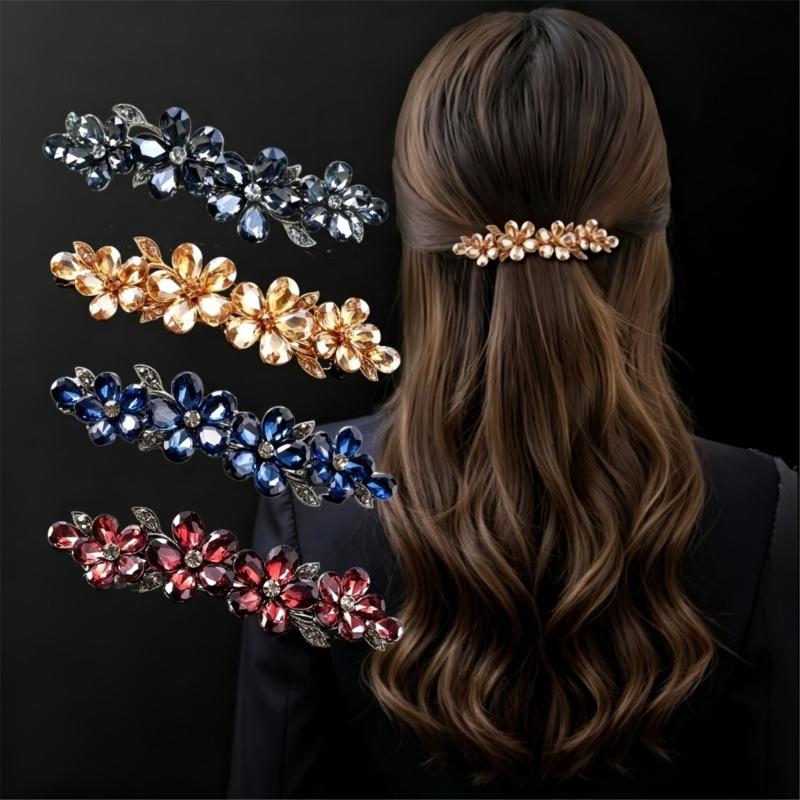 2-Piece Spring Hair Barrette Set Hairpin with Faceted Flowers and Leaf Trim for Holiday, Wedding and Stage Hairstyles