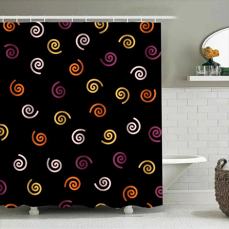 Spooky Halloween Bathroom DecorBlack Shower Curtain with Purple Orange Spiral Pattern for October Festive Atmosphere Bathtub Cur