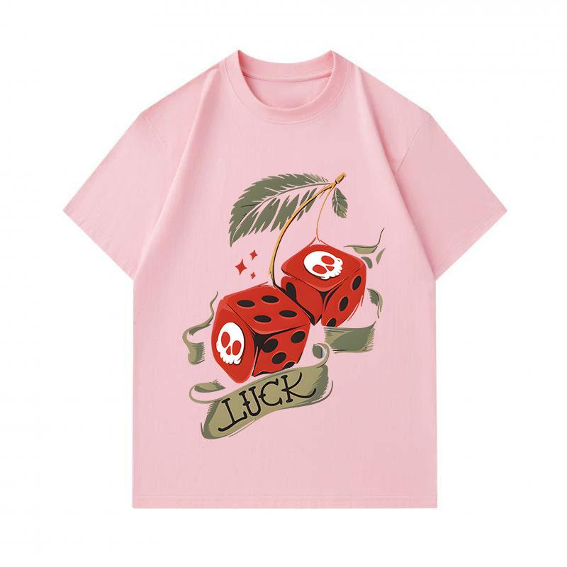 Men's 100% Cotton Crew Neck Short Sleeve T-Shirt, Creative Skull Dice Cherry Luck Print Casual Comfortable Tee for Daily Summer Wear