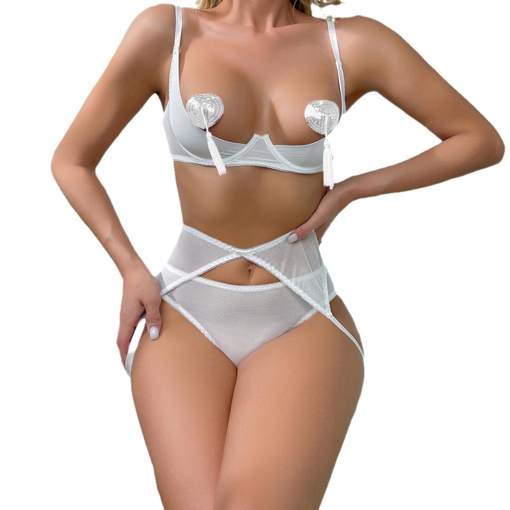 Fashion New Open Chest, Open Breasts, Hollow Buttocks, Temptation, Sexy Lingerie, Three-piece Comfortable Mesh Yarn
