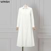 VONDA Women Elegant Lapel Neck Long Sleeve Baggy Pleated Casual Long Shirts Dress